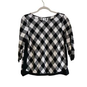 Black White Gingham 100% linen Cottage Peasant 3/4 Sleeve Blouse Size Mediumw